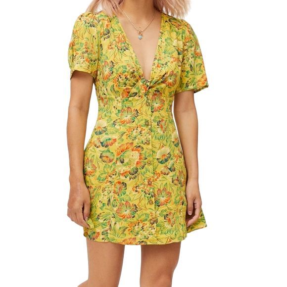 NWT URBAN OUTFITTERS Yellow Floral Bettie Twist-Front Mini Dress SIZE XS - Picture 2 of 16